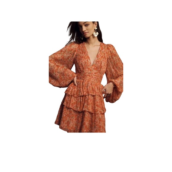 BHLDN BALLOON SLEEVE Floral Print Mini Dress Ruffle Tiered Dress - Picture 4 of 10